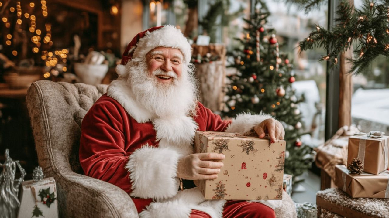 Lächelnder Weihnachtsmann mit Paket in der Hand sitzt auf einem Sessel.